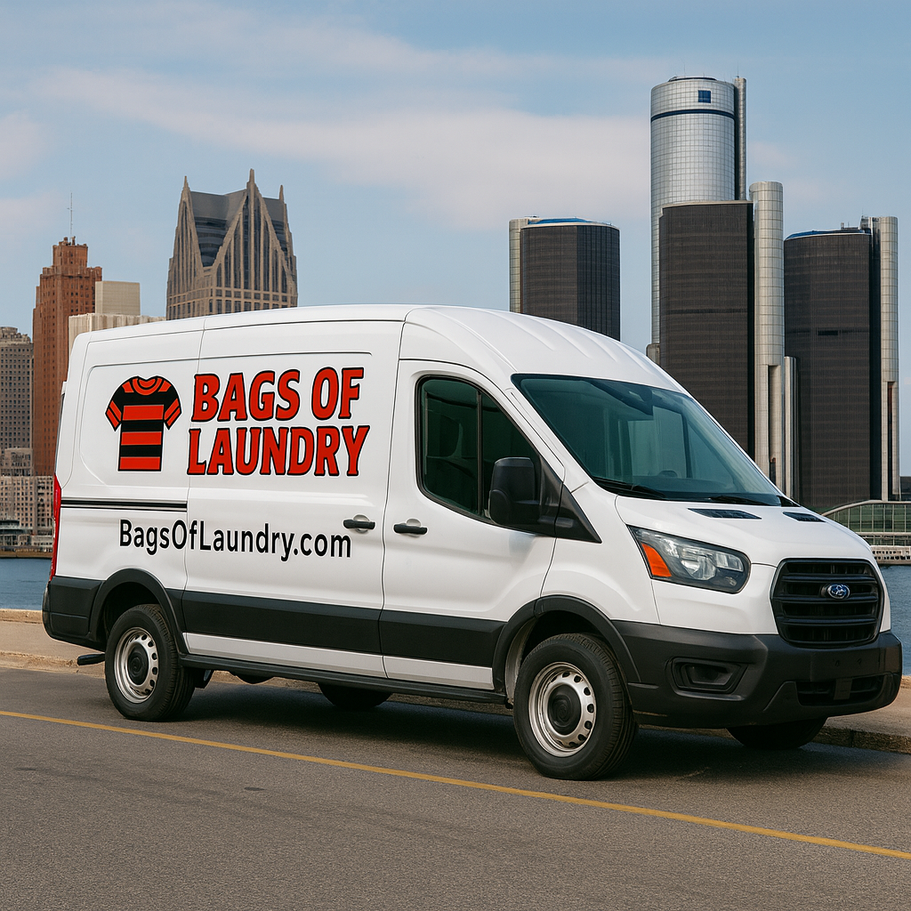 Driver picking up laundry bags from customer doorstep
